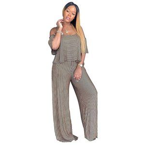 Sexy Cold Shoulder Brown Striped Pants Jumpsuit